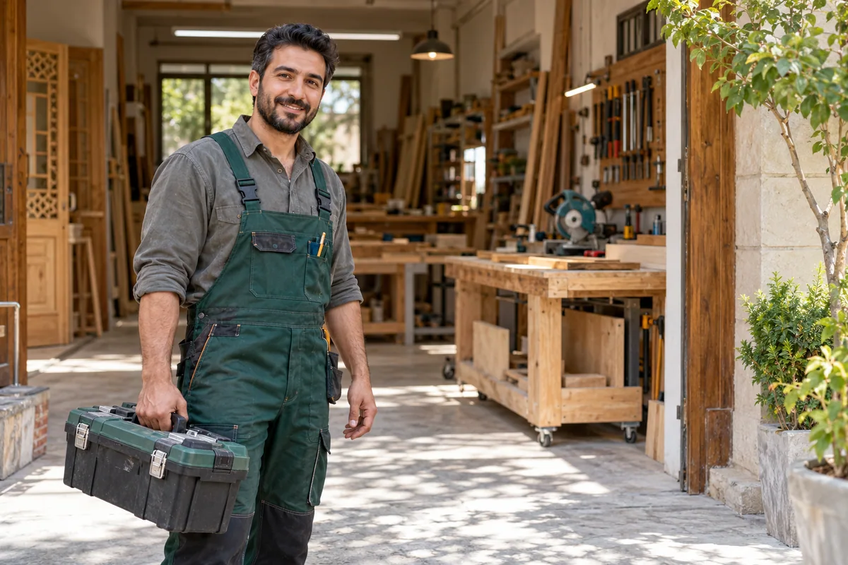 متخصص استادکار با جعبه‌ابزار در کارگاه